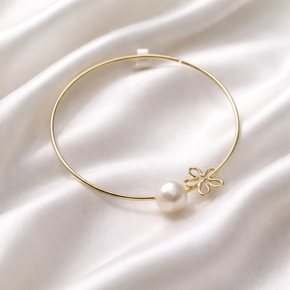 Gold Pearl & Flower Accent Bangle Bracelet - Women Jewelry